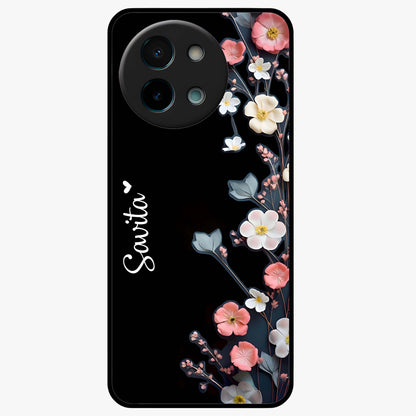Black Elegance Floral Custom Name Glass Case showing flat back view with elegant floral artwork and personalized name design.