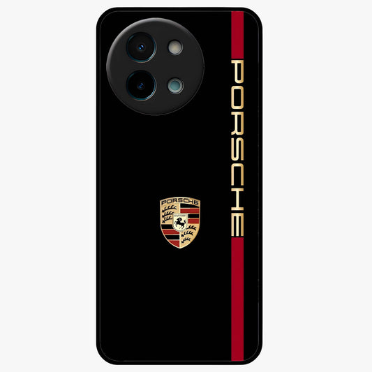Black Minimal Porsche Glass Case showing flat back view with sleek minimal sports car artwork and glossy glass finish.