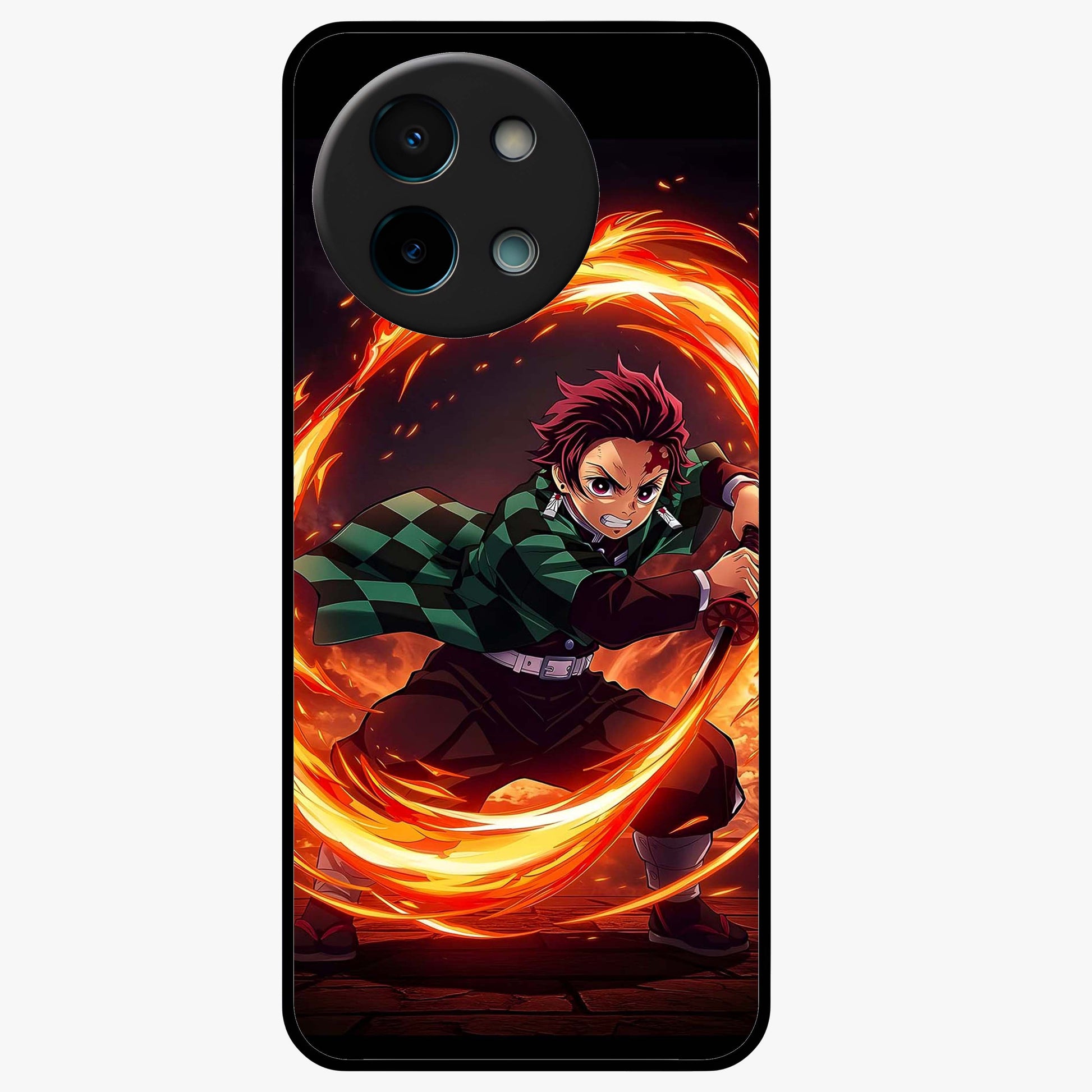 Blazing Sword Resolve Glass Case showing flat back view with fiery sword artwork and glossy glass finish.
