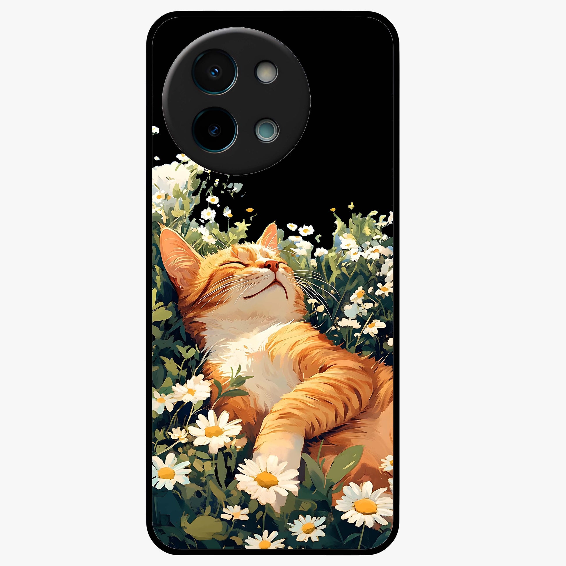Blissful Bloom Cat Glass Case showing flat back view with cute cat and floral bloom artwork and glossy glass finish.