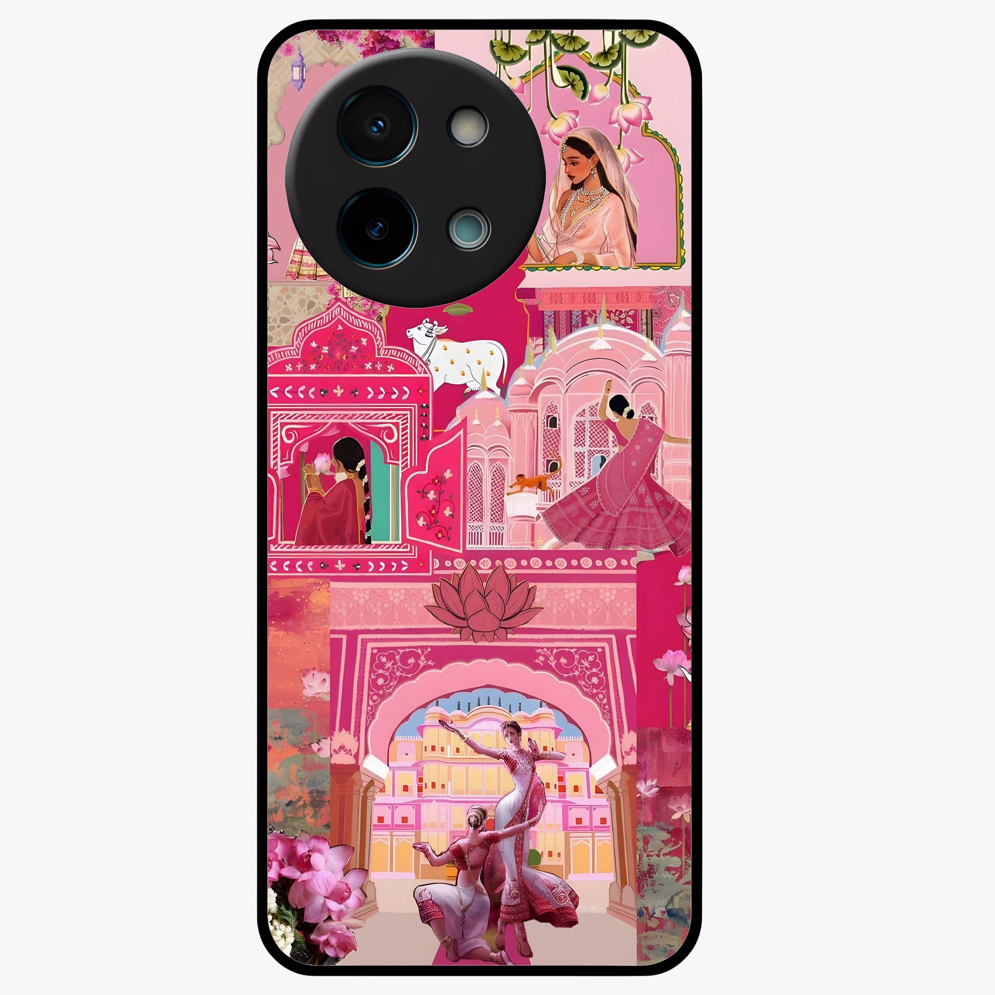 Blossoms of Rajasthan Glass Case showing flat back view with traditional floral artwork inspired by Rajasthan and glossy glass finish.