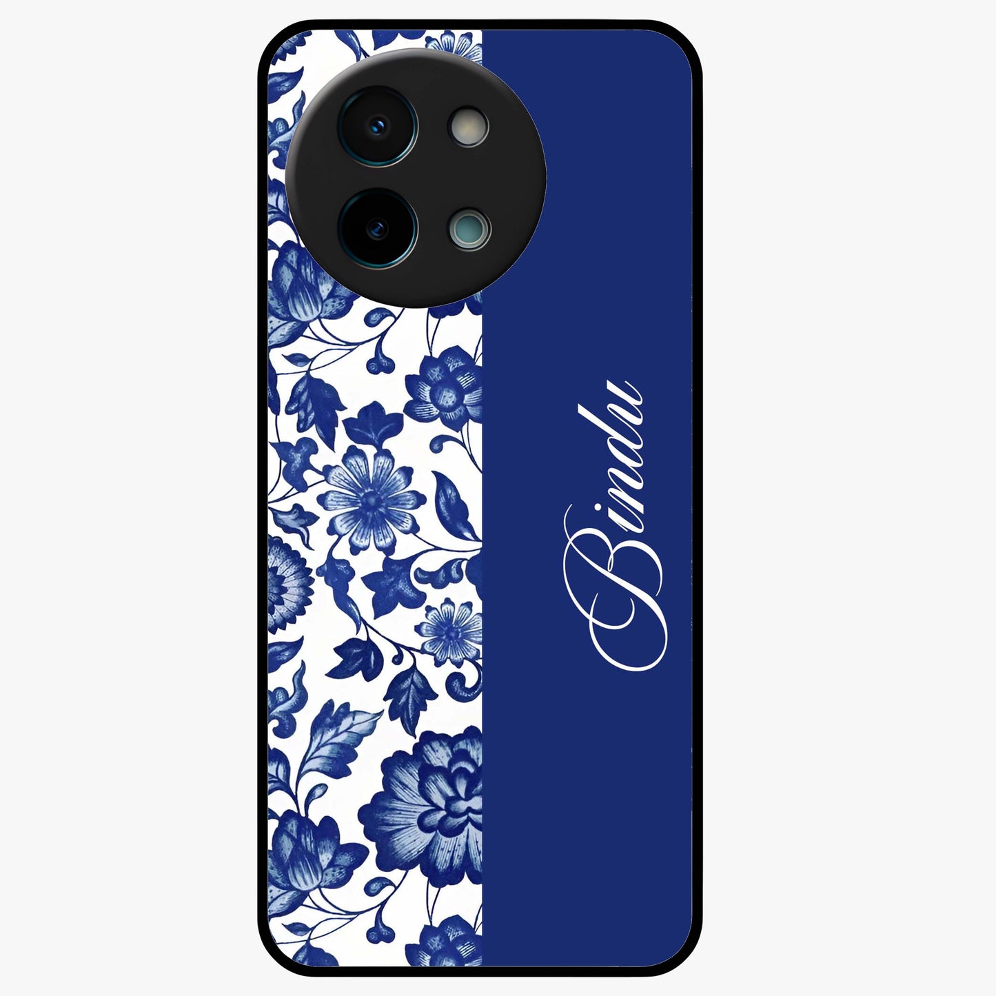 Blue Vintage Floral Pattern Glass Case upright view showcasing timeless floral illustration with vintage inspired style.