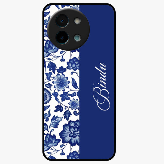 Blue Vintage Floral Pattern Glass Case upright view showcasing timeless floral illustration with vintage inspired style.