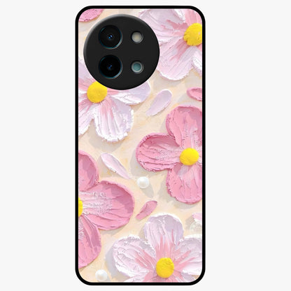 Blush Bloom Texture Glass Case showing flat back view with soft blush floral texture artwork and glossy glass finish.