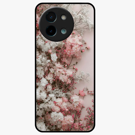 Blush Blossom Cloud Glass Case showing flat back view with dreamy blush cloud blossom artwork and glossy glass finish.