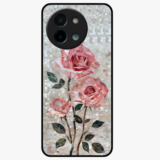 Blush Mosaic Bloom Glass Case showing flat back view with mosaic floral bloom artwork and glossy glass finish.