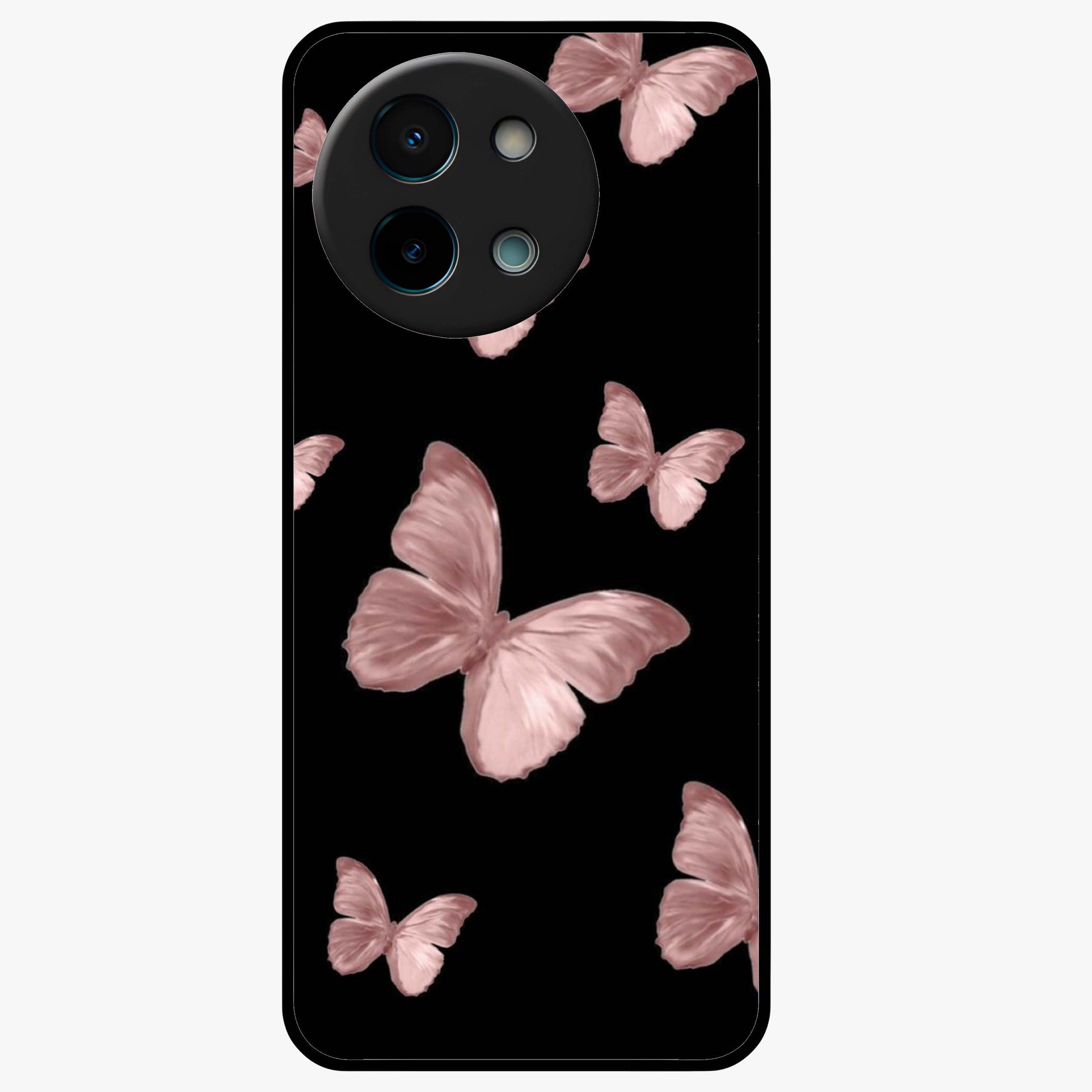 Butterfly Pattern Glass Case showing flat back view with elegant butterfly pattern artwork and glossy glass finish.