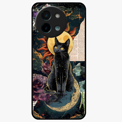 Celestial Black Cat Glass Case showing flat back view with mystical black cat artwork and glossy glass finish.