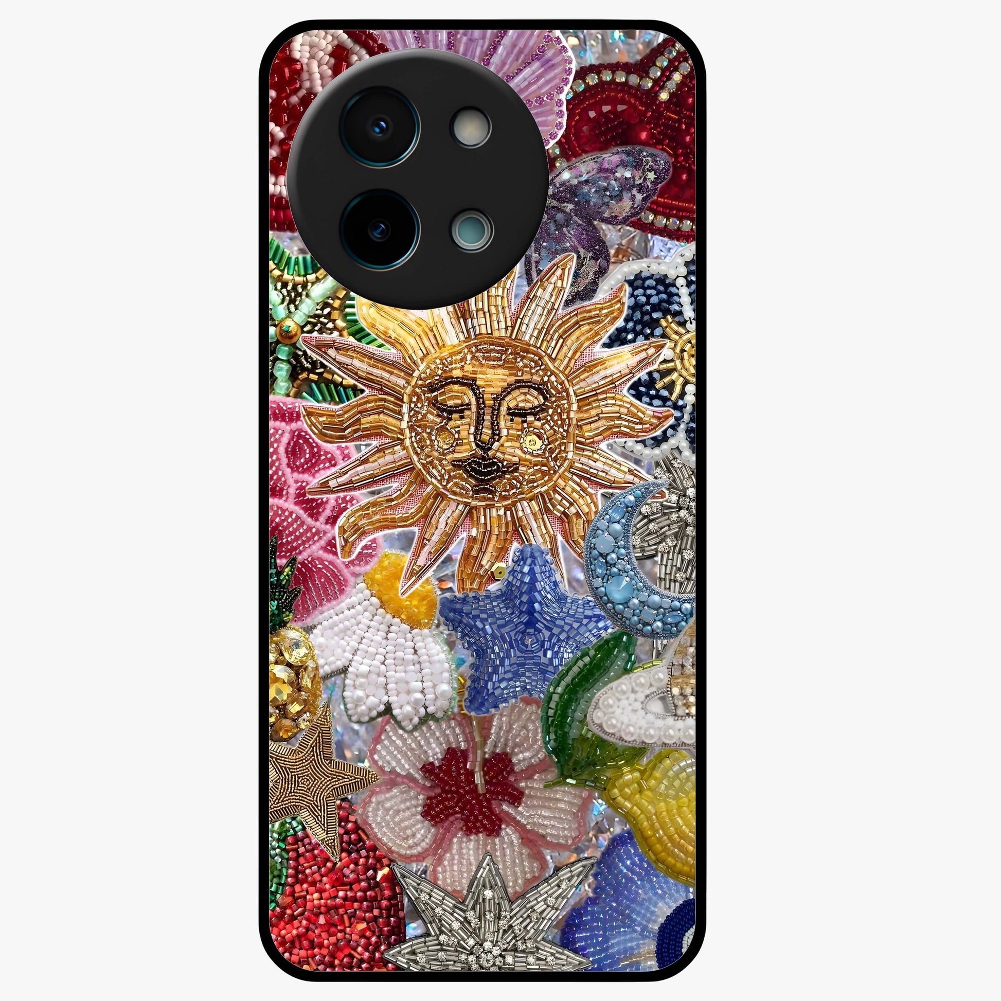 Celestial Floral and Playful Glass Case showing flat back view with floral and celestial themed artwork and glossy glass finish.