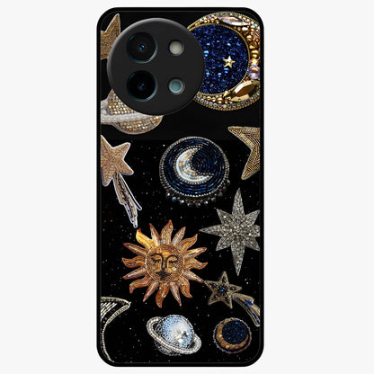 Celestial Gem Constellations Glass Case showing flat back view with sparkling constellation artwork and glossy glass finish.