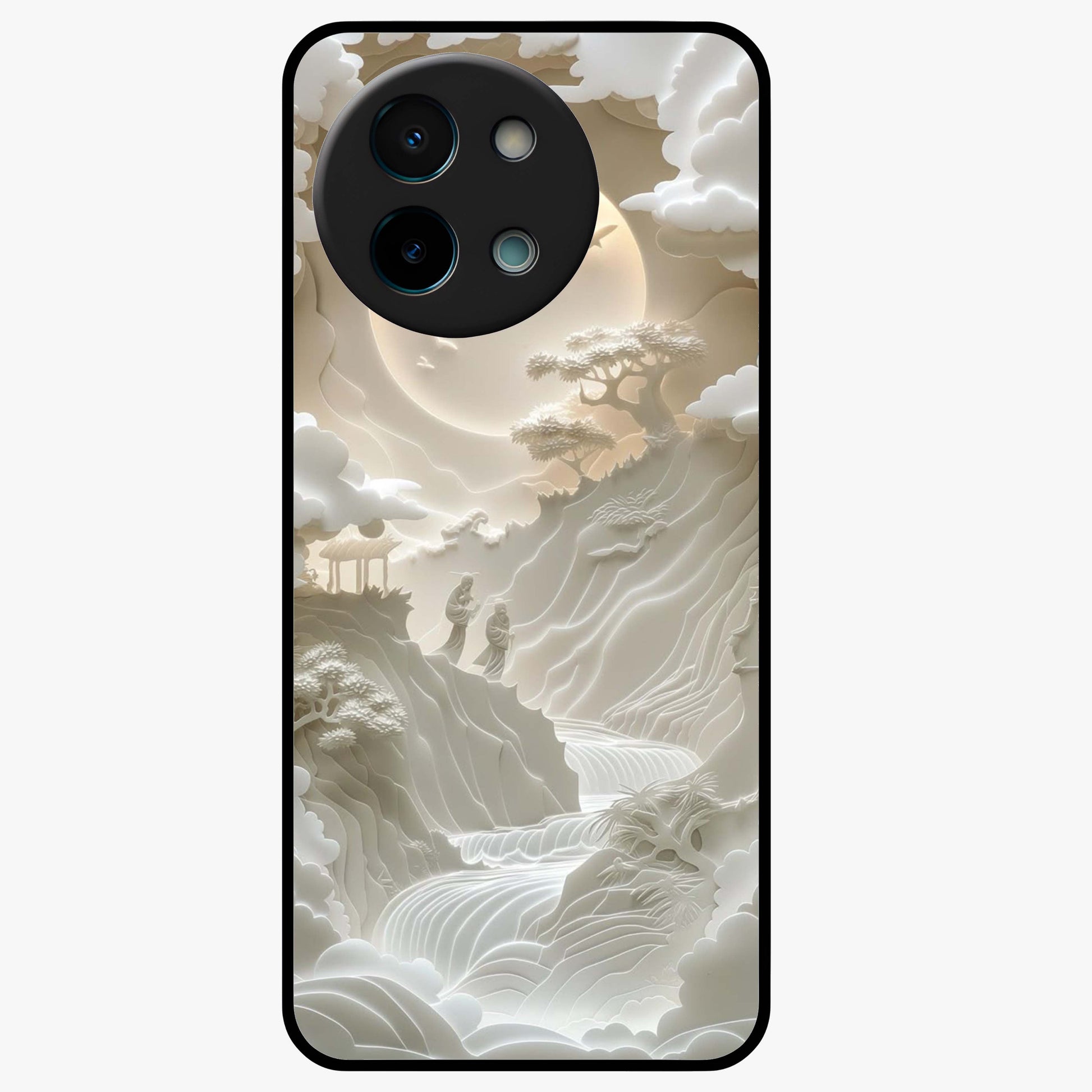 Celestial Origami Glass Case showing flat back view with artistic origami inspired celestial artwork and glossy glass finish.