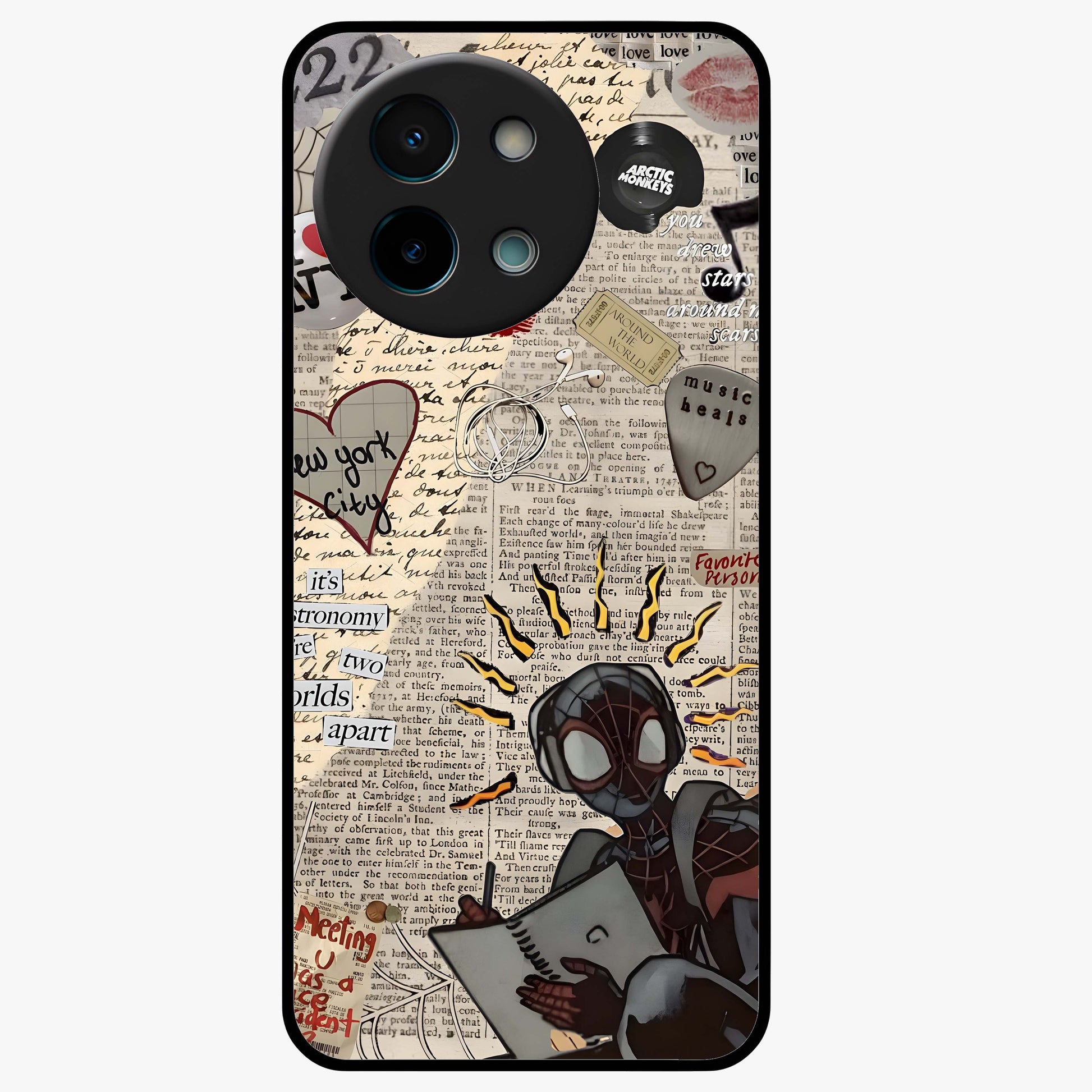 City Dream Sketch Glass Case showing flat back view with artistic city skyline sketch artwork and glossy glass finish.