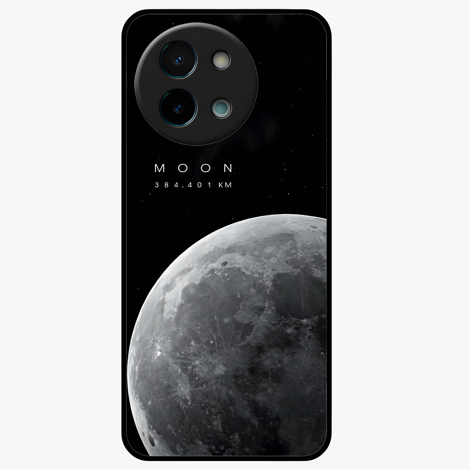 Cosmic Moon Glow Glass Case showing flat back view with glowing moon artwork and glossy glass finish.