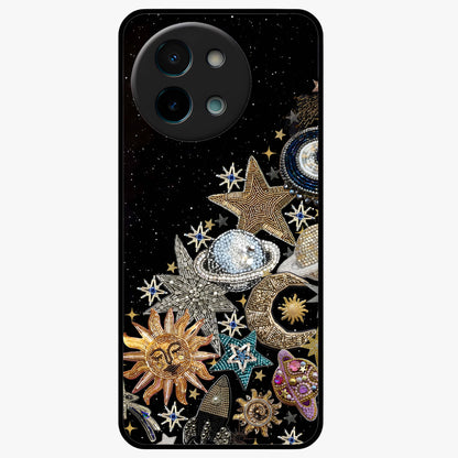 Cosmic Sparkle Dreams Glass Case showing flat back view with sparkling cosmic artwork and glossy glass finish.