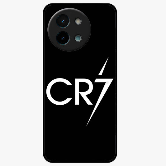 Cr7 Elite Strike Glass Case showing flat back view with dynamic football inspired artwork and glossy glass finish.