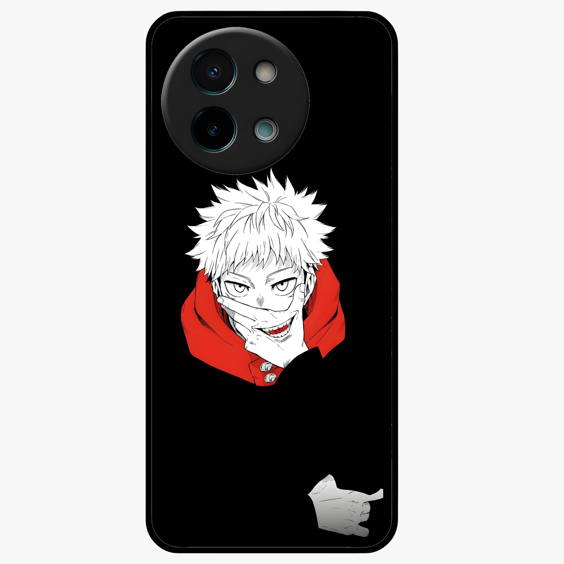 Crimson Chaos Smile Glass Case showing flat back view with bold chaotic smile artwork and glossy glass finish.
