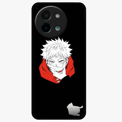 Crimson Chaos Smile Glass Case showing flat back view with bold chaotic smile artwork and glossy glass finish.