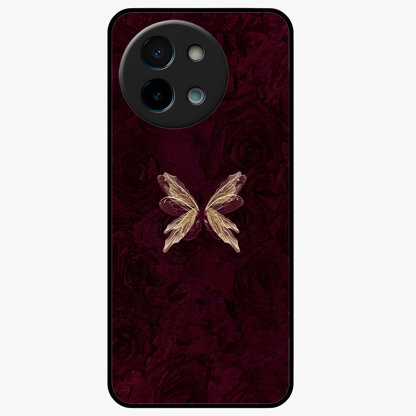 Crimson Fade Butterfly Glass Case showing flat back view with fading butterfly artwork and glossy glass finish.