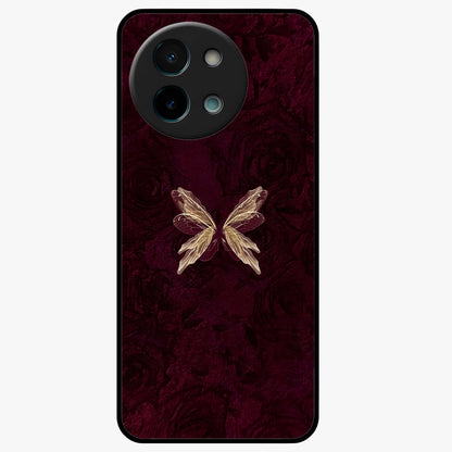 Crimson Fade Butterfly Glass Case showing flat back view with fading butterfly artwork and glossy glass finish.