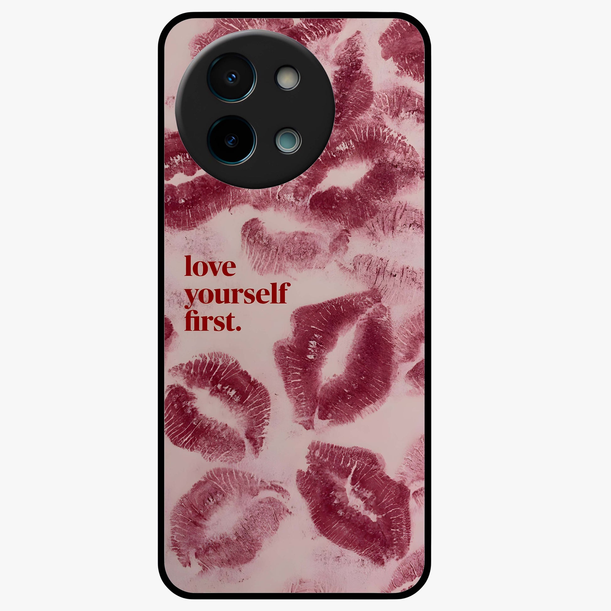 Crimson Kiss Love Glass Case showing flat back view with romantic crimson themed artwork and glossy glass finish.