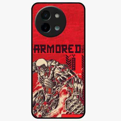 Crimson Mecha Titan Glass Case showing flat back view with powerful mech titan artwork and glossy glass finish.