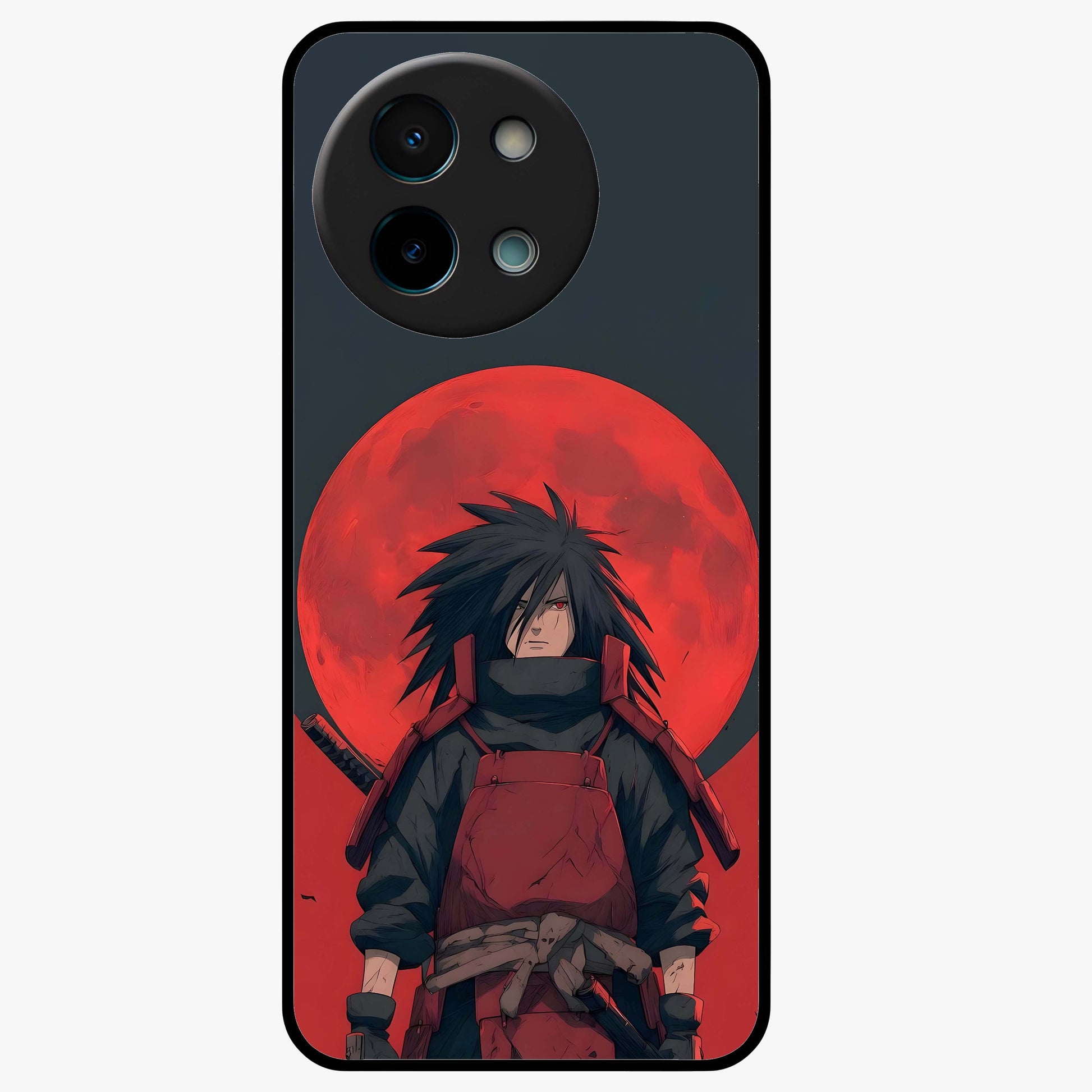 Crimson Moon Warlord Glass Case showing flat back view with mystical moon warrior artwork and glossy glass finish.
