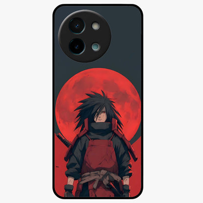 Crimson Moon Warlord Glass Case showing flat back view with mystical moon warrior artwork and glossy glass finish.