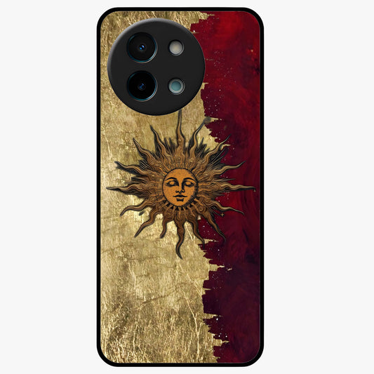 Crimson Sun Majesty Glass Case showing flat back view with radiant sun inspired artwork and glossy glass finish.