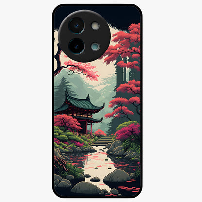 Crimson Temple View Glass Case showing flat back view with temple inspired artwork and glossy glass finish.