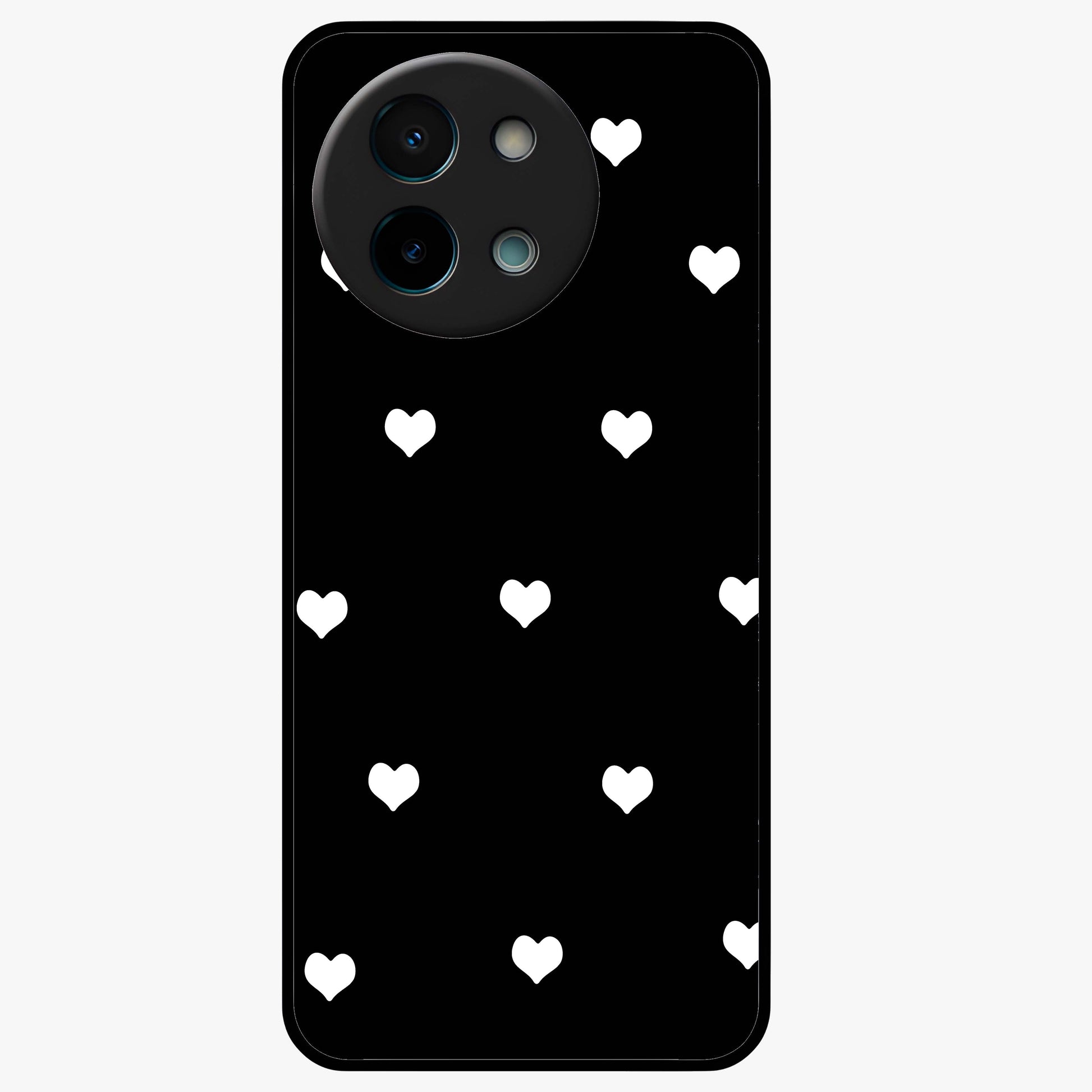 Cute And Simple White Hearts Glass Case showing flat back view with minimal white heart pattern and glossy glass finish.