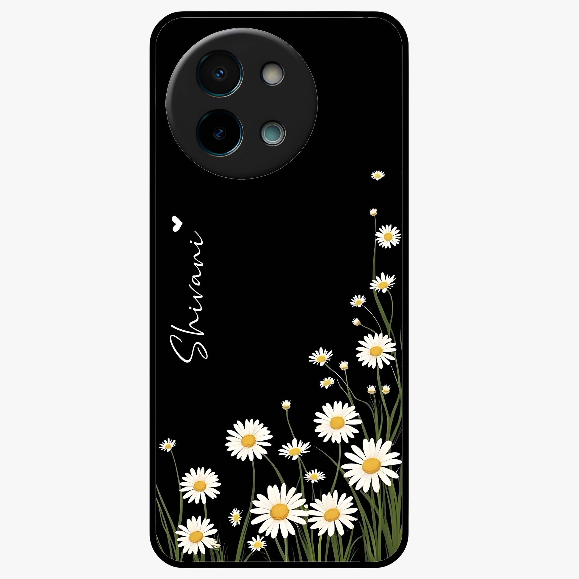 Daisy Cascade Custom Name Glass Case showing flat back view with cascading daisy flowers and personalized name design.