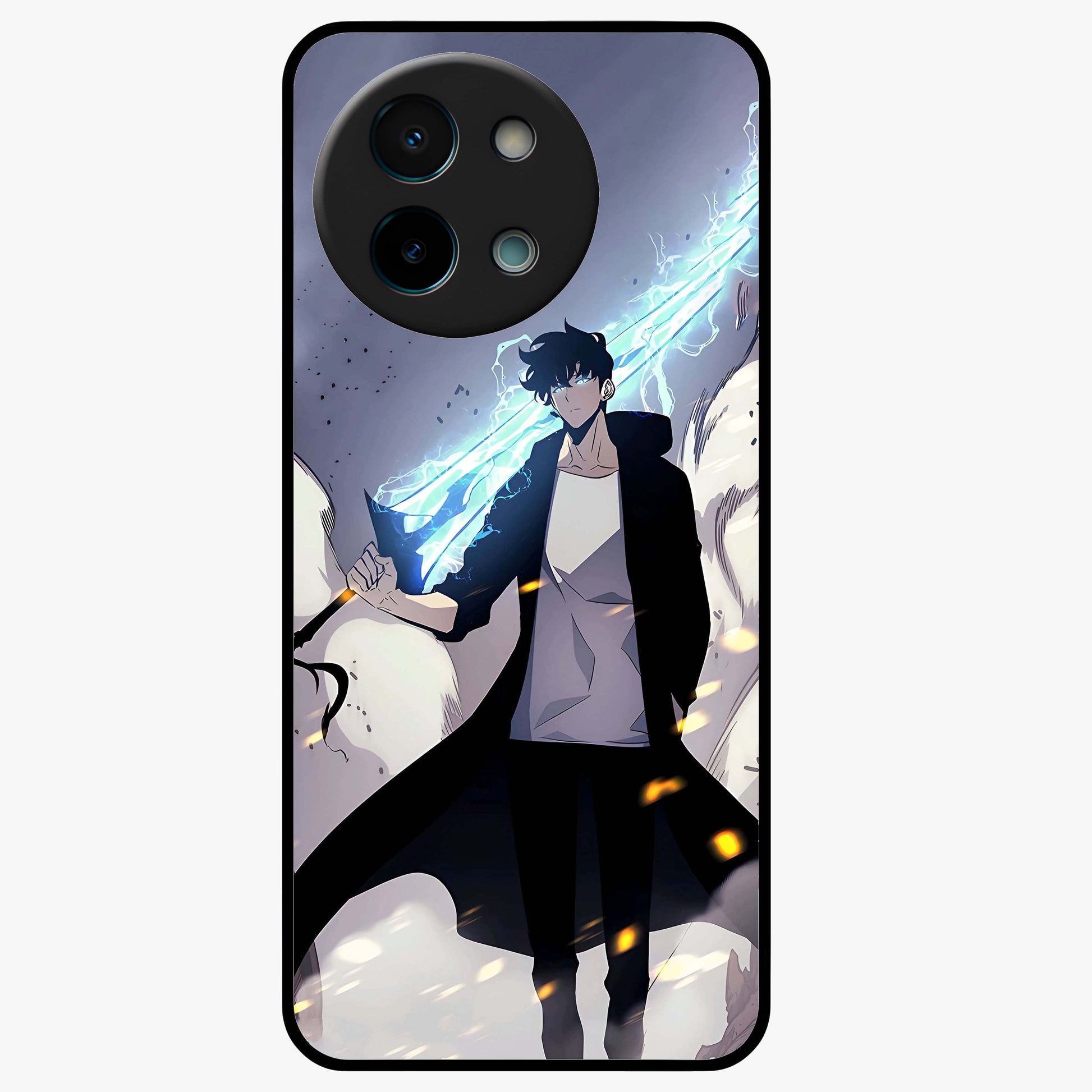 Dark Lightning Anime Warrior Glass Case showing flat back view with intense anime warrior artwork and glossy glass finish.