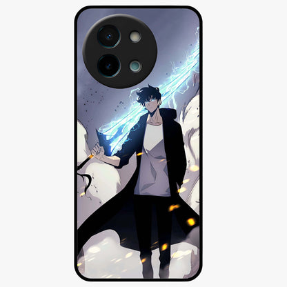 Dark Lightning Anime Warrior Glass Case showing flat back view with intense anime warrior artwork and glossy glass finish.
