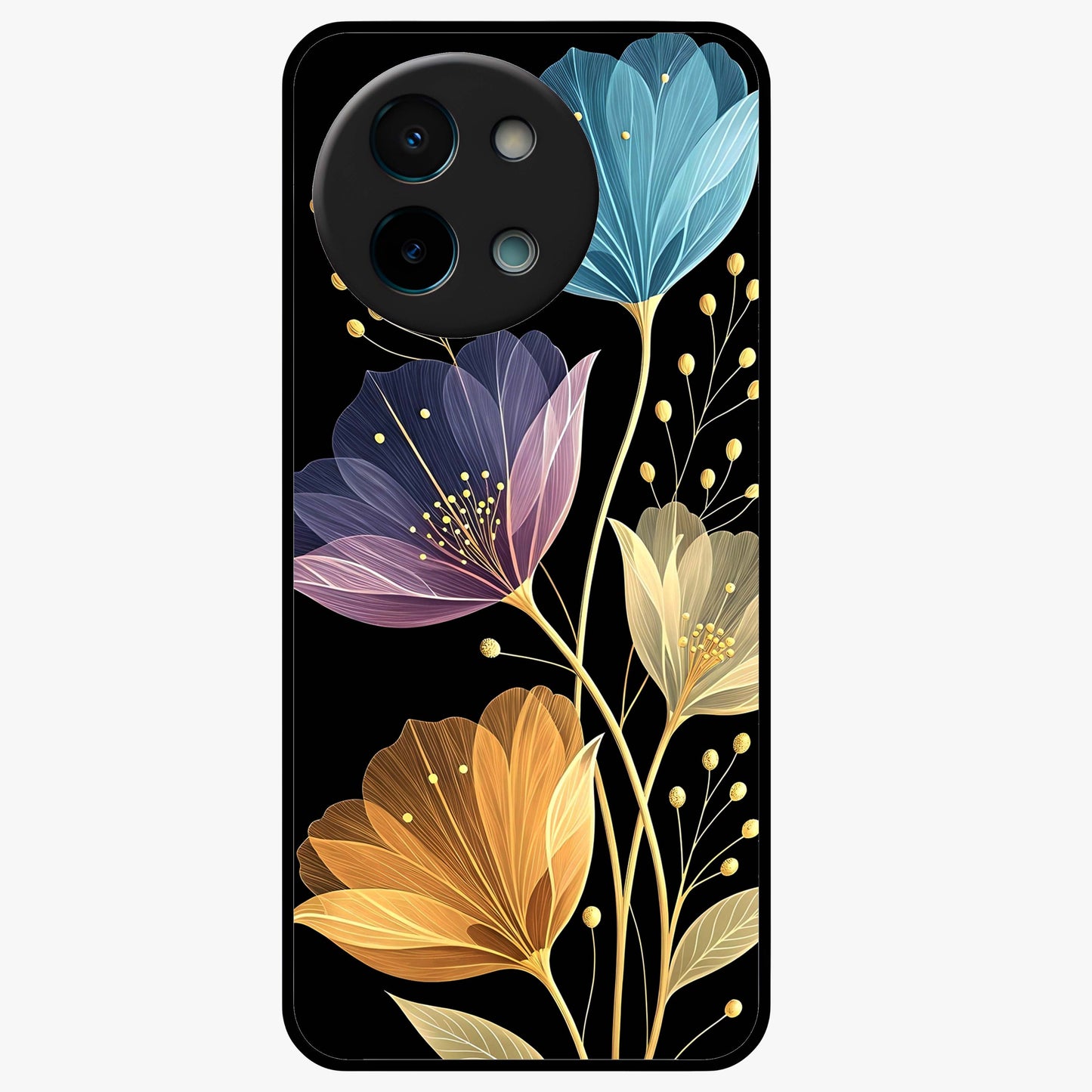 Delicate Multicolor Flowers Glass Case showing flat back view with vibrant floral artwork and glossy glass finish.