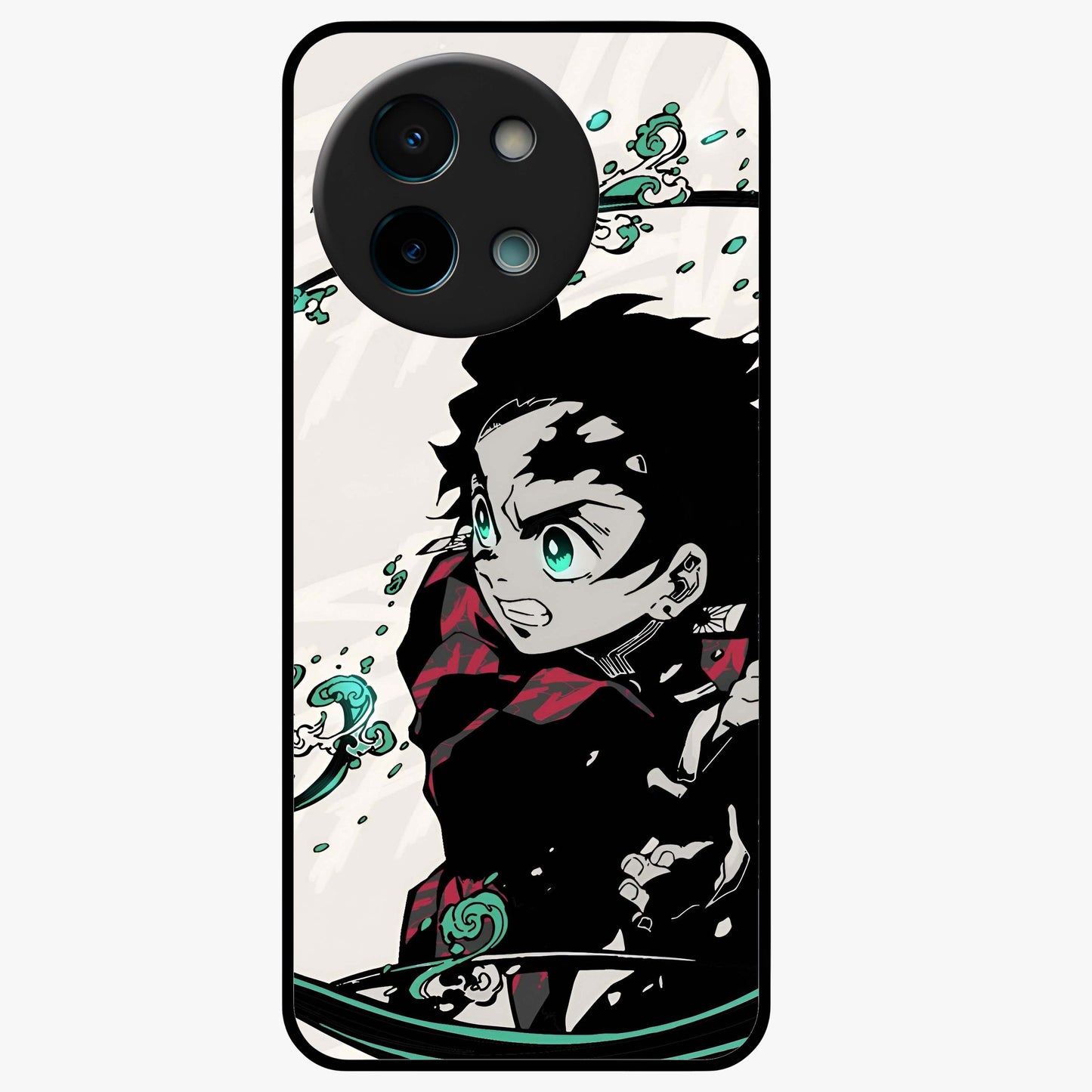 Demon Slayer Glass Case showing flat back view with bold anime inspired artwork and glossy glass finish.