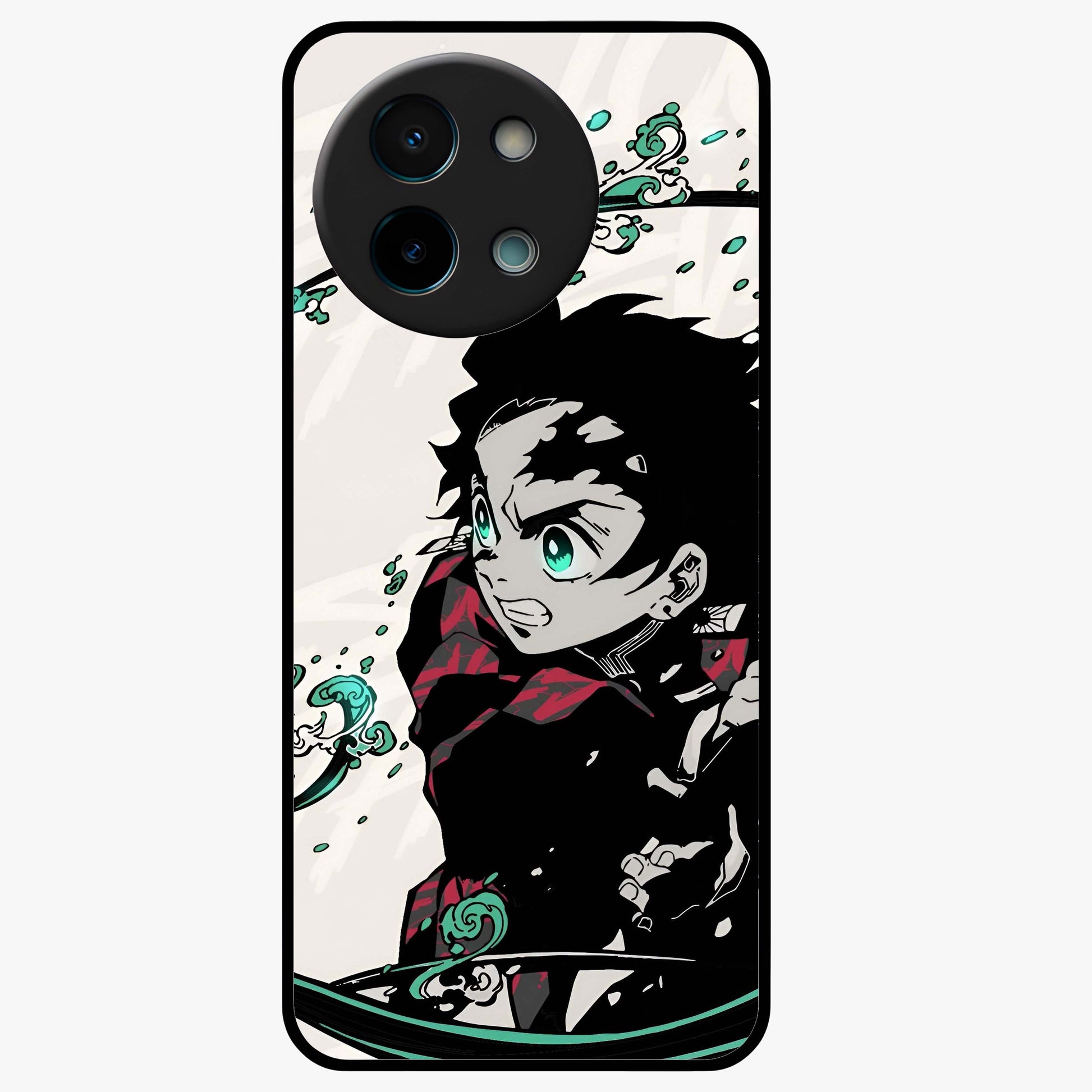 Demon Slayer Glass Case showing flat back view with bold anime inspired artwork and glossy glass finish.