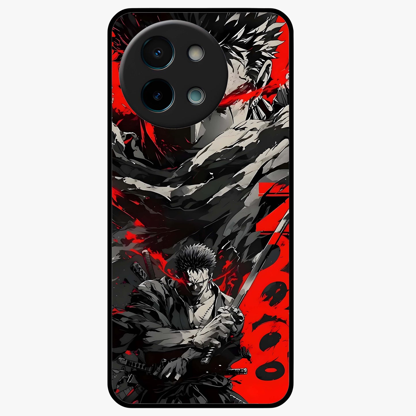 Demon Sword Resolve Glass Case showing flat back view with fierce sword warrior artwork and glossy glass finish.