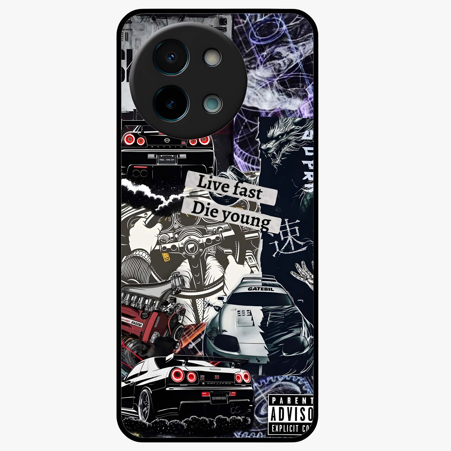 Die Young Glass Case showing flat back view with bold artistic typography design and glossy glass finish.