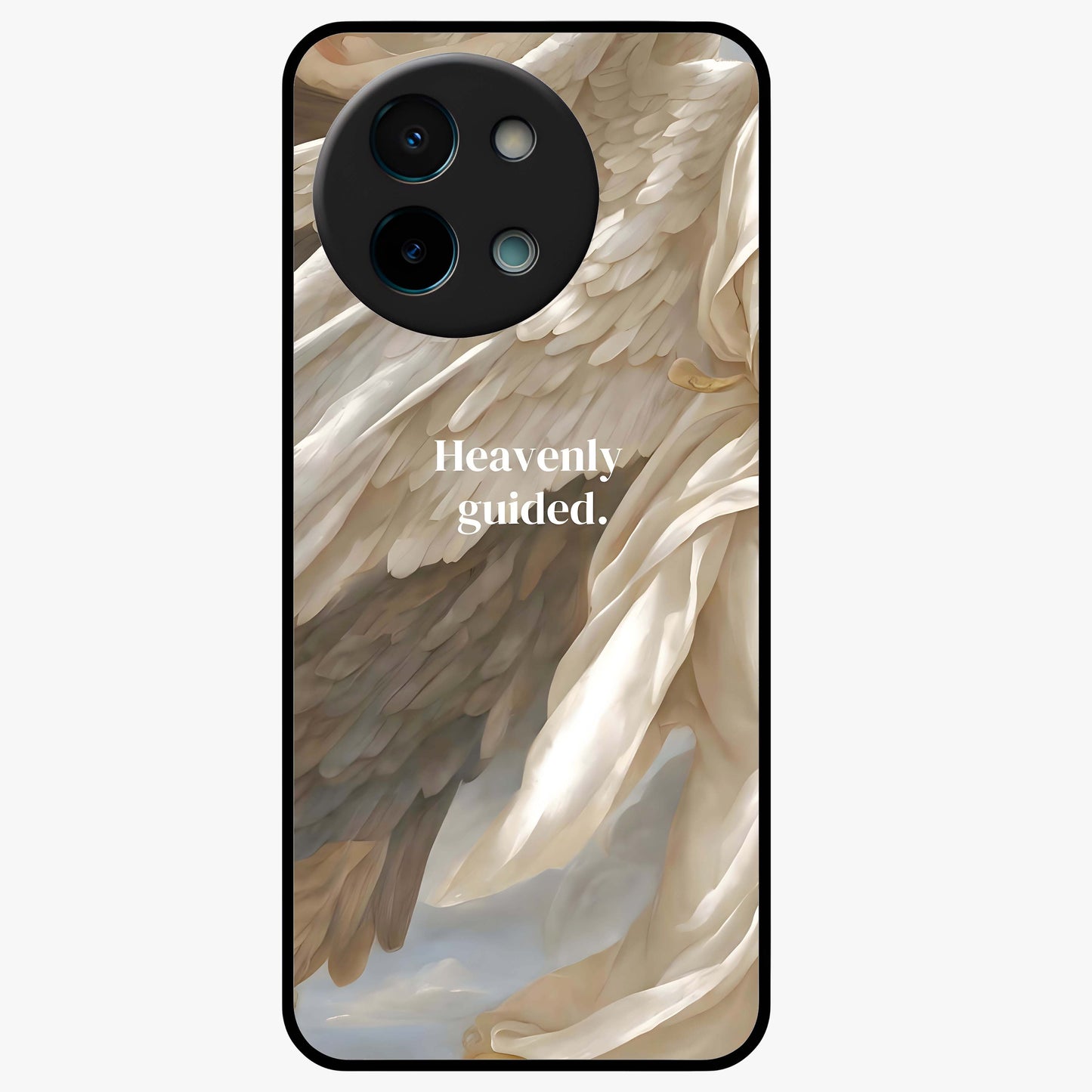 Divine Winged Grace Glass Case showing flat back view with elegant wing inspired artwork and glossy glass finish.