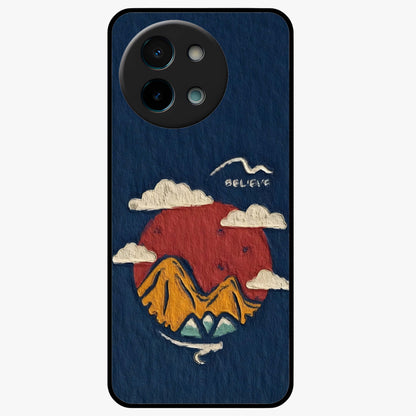 Dream Beyond Mountains Glass Case showing flat back view with scenic mountain landscape artwork and glossy glass finish.