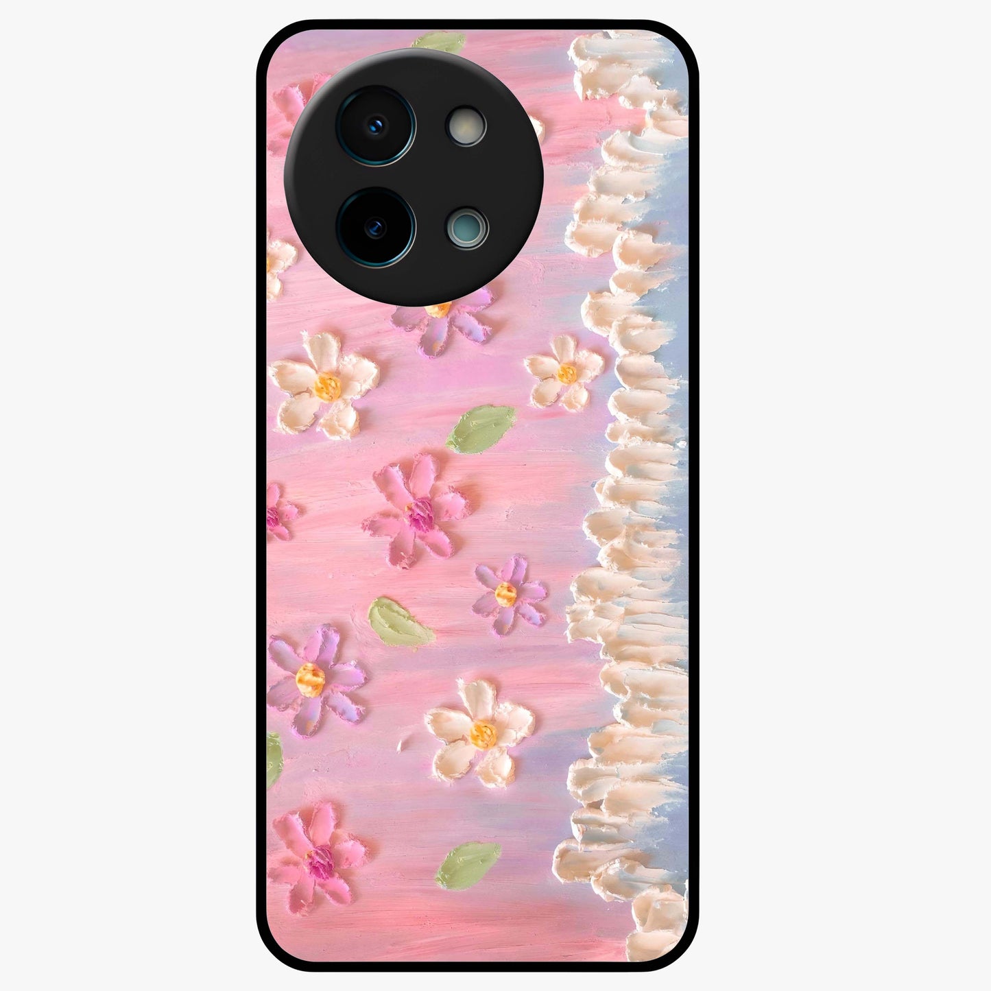 Dreamy Painted Garden Glass Case showing flat back view with artistic painted floral garden artwork and glossy glass finish.