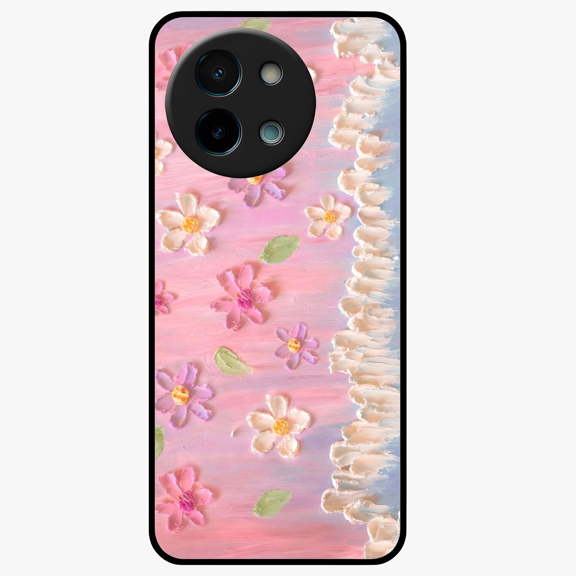 Dreamy Painted Garden Glass Case showing flat back view with artistic painted floral garden artwork and glossy glass finish.