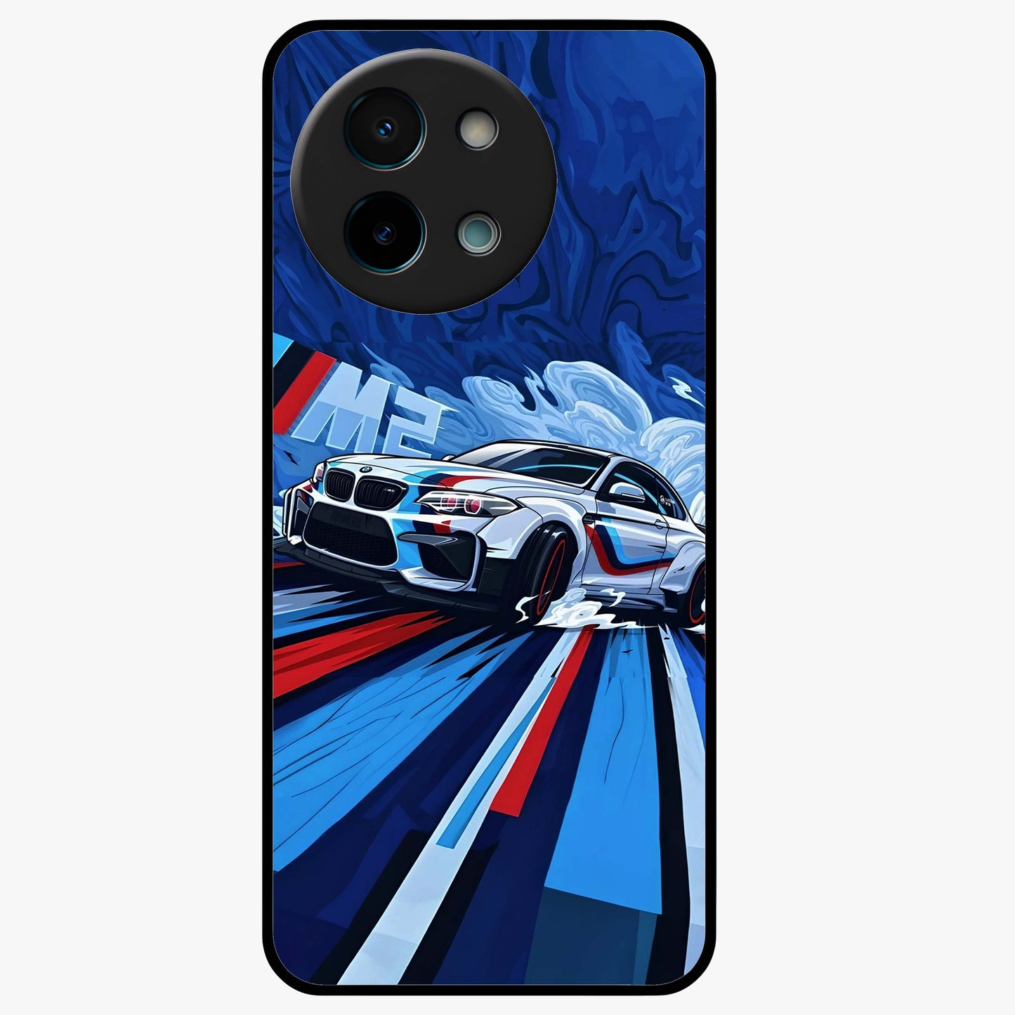 Drift Power Rush Glass Case showing flat back view with dynamic racing inspired artwork and glossy glass finish.