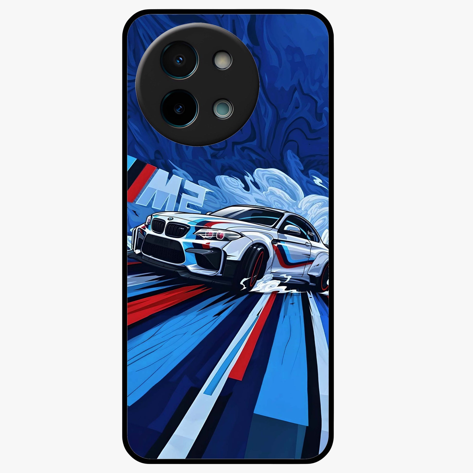 Drift Power Rush Glass Case showing flat back view with dynamic racing inspired artwork and glossy glass finish.