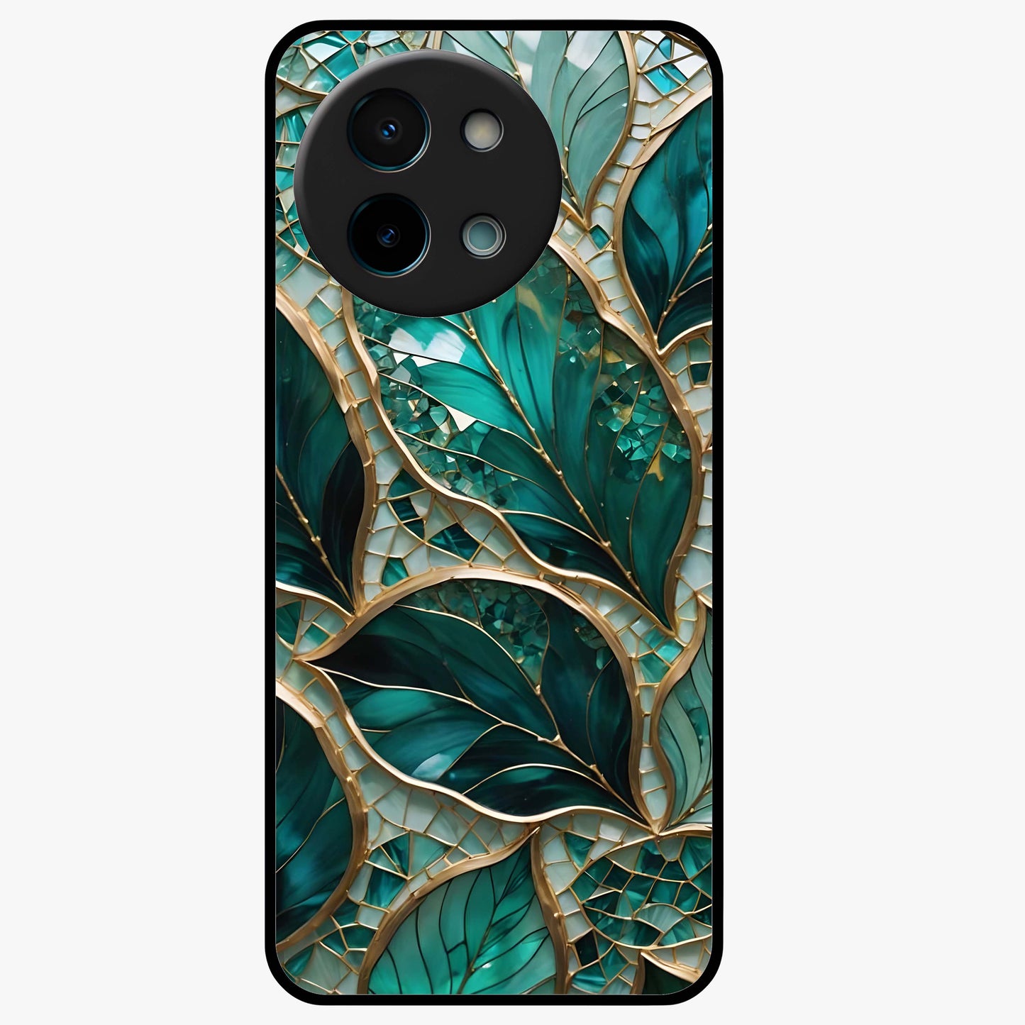 Emerald Leaf Glass Glass Case showing flat back view with emerald green leaf artwork and glossy glass finish.