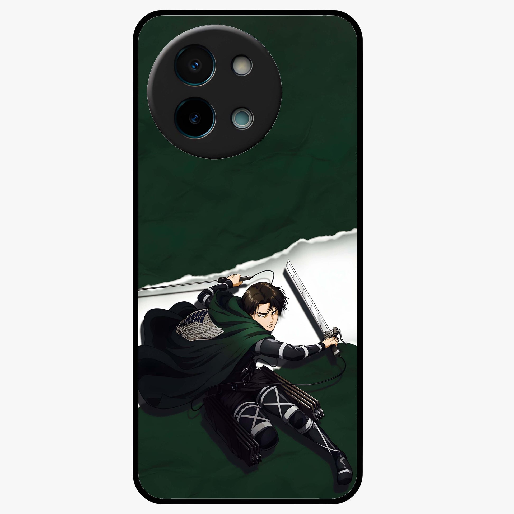 Emerald War Vanguard Glass Case showing flat back view with powerful warrior themed artwork and glossy glass finish.