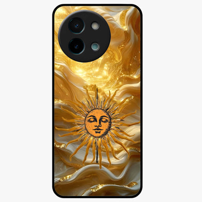 Eternal Golden Glow Glass Case showing flat back view with radiant golden themed artwork and glossy glass finish.