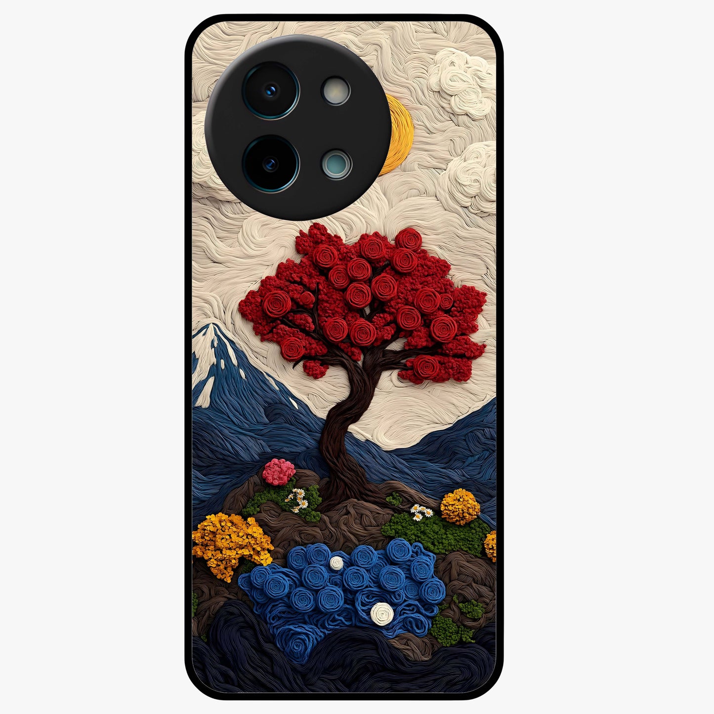 Eternal Nature Tapestry Glass Case showing flat back view with intricate nature tapestry artwork and glossy glass finish.