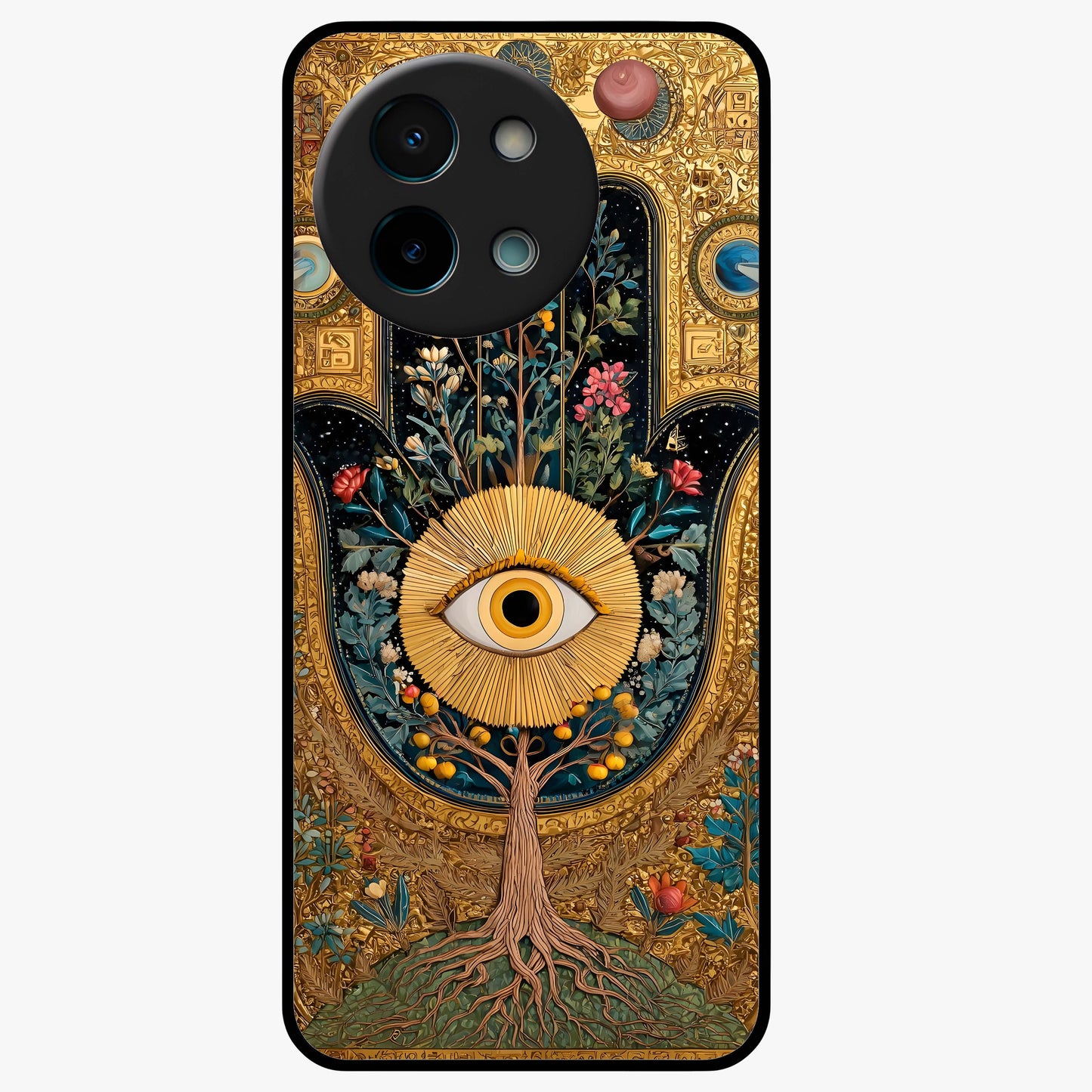 Ethereal Evil Eye Glass Case showing flat back view with mystical evil eye artwork and glossy glass finish.