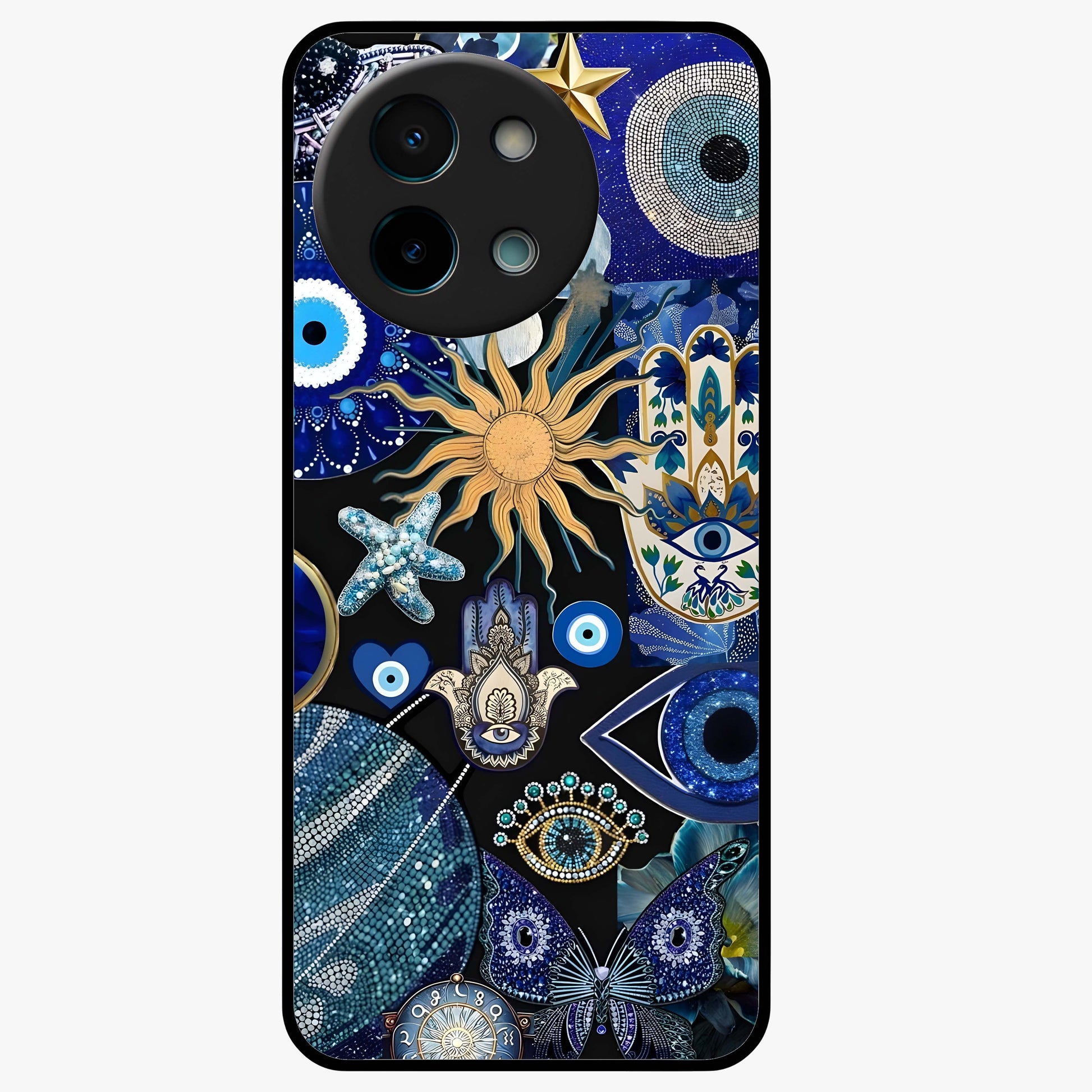 Evil Eye Charm Mix Glass Case showing flat back view with multiple evil eye charms artwork and glossy glass finish.